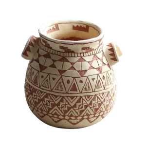 Yellow terracotta sgraffito coil pottery with Aztec-like design.
